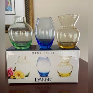 DANSK Set of 3 Mini Glass Vases - 1 Blue, 1 Green & 1 Yellow - 3" Tall